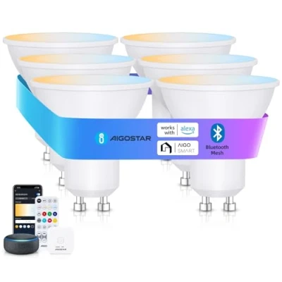 Afbeelding van Aigostar Mesh 6,5 W GU10 aangesloten gloeilamp met bluetooth mesh, Alexa 555 lm 2700 K 6500 K, LED lamp 16 miljoen kleuren, 6 eenheden (met gateway en afstandsbediening)