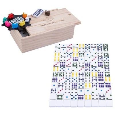 Afbeelding van Domino Dubbel 9 Mexican Train Spel Houten Kist 55 Stenen