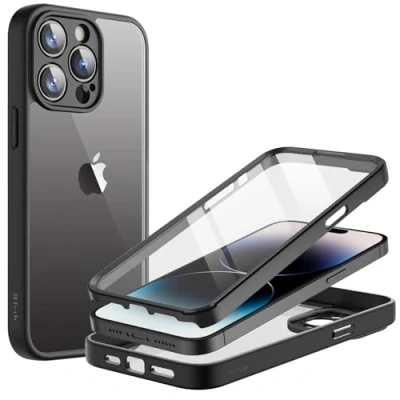 Afbeelding van JETech Beschermhoes voor iPhone 14 Pro 6,1 inch met geïntegreerde displaybescherming, krasbestendig, 360 graden, robuuste beschermhoes, volledige behuizing, transparante achterkant (zwart)