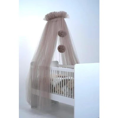 Afbeelding van Babybedhemel van tule, bedhemel, bijzetbed, logeerbed, muggennet, decoratie voor babykamer, luifel kinderkamer, 165 cm lang, met kwastjes, taupe