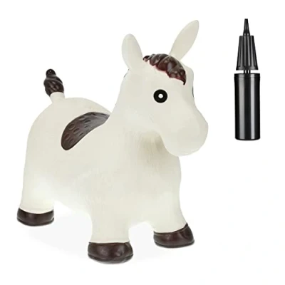 Afbeelding van Relaxdays Springpaard met luchtpomp, tot 50 kg, BPA vrij, voor kinderen vanaf 3 jaar, springspeelgoed wit/bruin