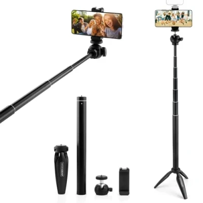 Afbeelding van MOJOGEAR Vlog KIT: mini statief, telefoonhouder &amp; extra lange selfie stick 29 tot 162 cm Streaming/tutorial/vlog KIT Zwart