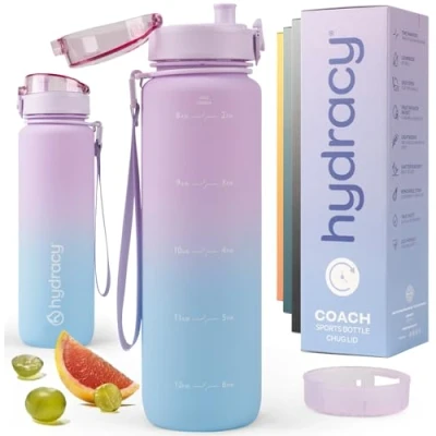 Afbeelding van Hydracy Drinkfles met fruitinzetstuk, waterfles kleurverloop, 1 liter, BPA vrij, tijdmarkering, lekvrij, condensvrij