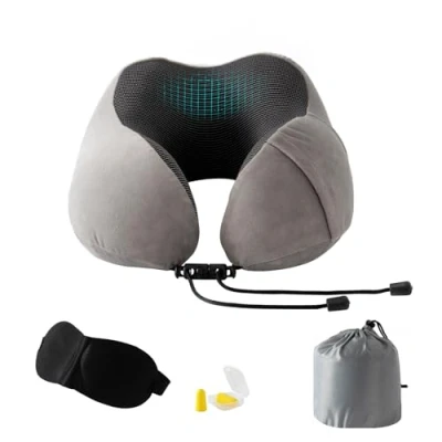 Afbeelding van Good Nite Reiskussen, nekkussen, traagschuim, reiskussen met oogmasker, oordopjes, draagtas, geschikt voor vliegtuig en trein, grijs, norm, grijs.