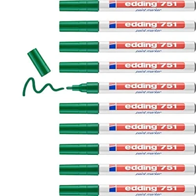 Afbeelding van edding 751 kleurmarkers, groen, 10 stiften, ronde punt 1 2 mm, lakmarker voor het beschrijven van metaal, glas, steen of kunststof, hittebestendig, permanent en waterdicht