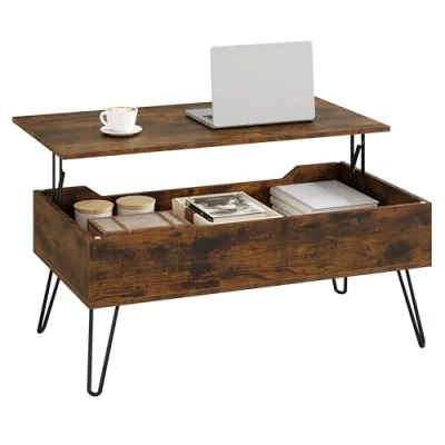 Afbeelding van WOLTU BTS18vbn Salontafel voor de woonkamer, in hoogte verstelbaar, met verborgen opbergruimte, kantoor, metalen poten, 95 x (40 55,5) 50 cm, rustiek bruin, zwart