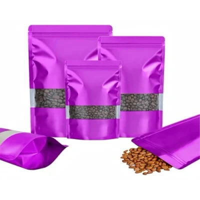 Afbeelding van Rimiko Voedselzakjes met transparant venster, hersluitbare aluminium stand up zakken ritssluiting, 50 stuks, mylar zakjes voor het bewaren van levensmiddelen (paars, 10 x 15 cm)