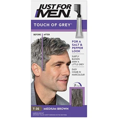Afbeelding van Just For Men Touch of Grey Medium bruine haarverf, applicator zonder mengen voor een natuurlijke zout en peperlook, ammoniak peroxide T35