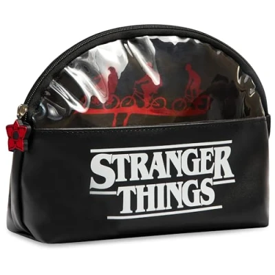 Afbeelding van Stranger Things Toilettas, klein reisetui met ritssluiting, officiële accessoires, meisjes, jongeren, volwassenen, zwart.