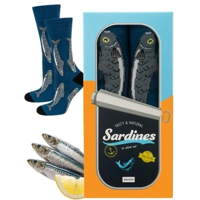 Afbeelding van soxo De visser Grappige damessokken, cadeau voor heren, fantasie, sokken, cadeau, 2 maten, Sardines heren