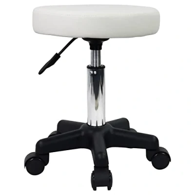 Afbeelding van FURWOO Ronde kruk met wieltjes in hoogte verstelbaar voor woonkamer, massage, thuis, keuken, wit