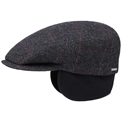 Afbeelding van Stetson Kent platte pet voor heren, slide beanie met oorkleppen, visgraat muts, herfst/winter, klep, Antraciet