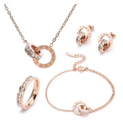 Afbeelding van RPAEOY Sieradenset voor dames, Romeinse cijfers, cirkel, zirkonia, roestvrij staal, verguld, zilver, oorbellen, armband, ring, halsketting, elegant, bruiloft, avond, cadeau (roségoud), rvs
