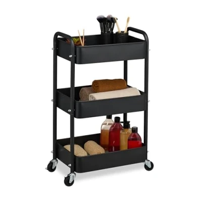 Afbeelding van Relaxdays keuken trolley wieltjes 3 laags met vilt badkamer serveerwagen zwart