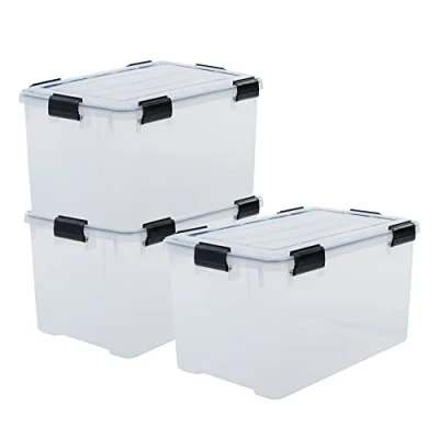 Afbeelding van Iris Ohyama, Opbergdoos, luchtdicht, 70 l, 3 stuks, transparant, deksel met waterdichte afdichting, 6 sluitclips, stapelbaar, voor buiten, garage, kleding, stofdicht, BPA vrij, DDAT LD