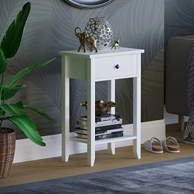 Afbeelding van Vida Designs Windsor Consoletafel met 1 lade plank, wit hout, kast voor hal, woonkamer, slaapkamer en kleedkamer