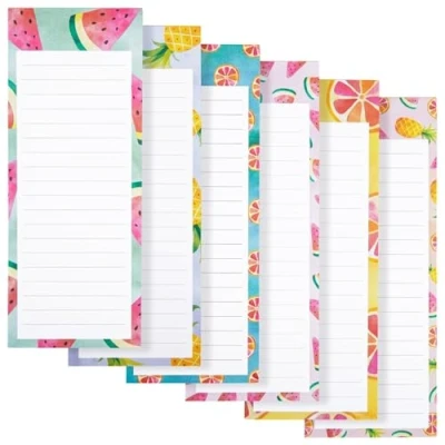 Afbeelding van Juvale Best Paper Greetings Magnetische notitieblokken voor boodschappenlijstjes, notities, 6 kleurrijke fruitmotieven, 8,9 x 22,9 cm, 60 vellen per blok