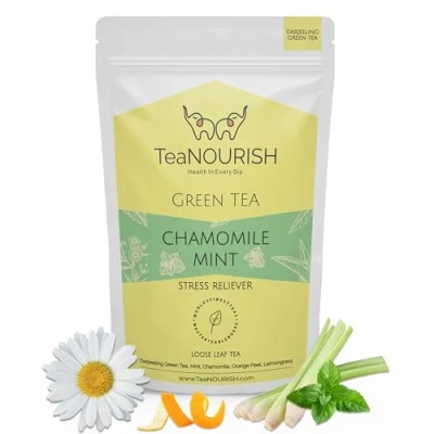 Image de TeaNOURISH Chamomile Mint Green Tee Darjeeling Loose Leaf Tea Natural Sleep with Calming &amp; Relaxing Properties 50 Cups Hot or Iced 100g