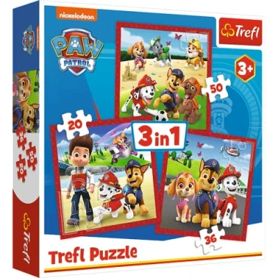 Afbeelding van Trefl PAW Patrol, Happy Puppy Patrol 3 in 1 puzzels, 20 50 elementen creatief entertainment voor kinderen ouder dan jaar.