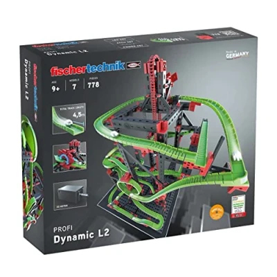 Afbeelding van fischertechnik Dynamische L² marmeren run met 4,5 m spoorlengte complete set inclusief motor voor kinderen vanaf 9 jaar 3 actiecursmodellen en 4 experimentele modellen.
