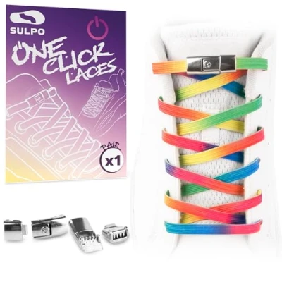 Afbeelding van SULPO Platte Veters zonder knopen One Click Kleurrijke met snelsluiting Elastische van rubber voor kinderen en volwassenen, Regenboog