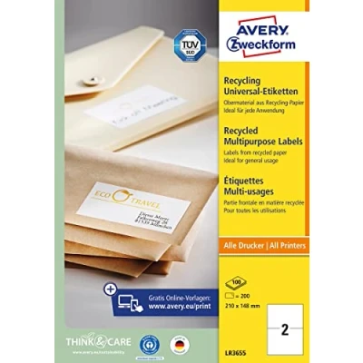 Afbeelding van Avery Witte gerecycleerde universele etiketten Ft 210 x 148 mm (b h), 200 stuks, 2 per blad etiket