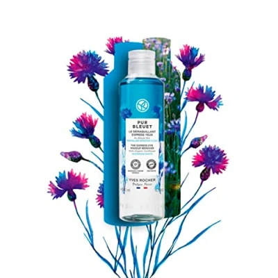 Afbeelding van Yves Rocher PUR Blue Express make up remover voor ogen en lippen, bifasische formule met biologische korenbloem, verwijdert waterproof up, pH vriendelijk van de huid, zonder parfum, 200 ml