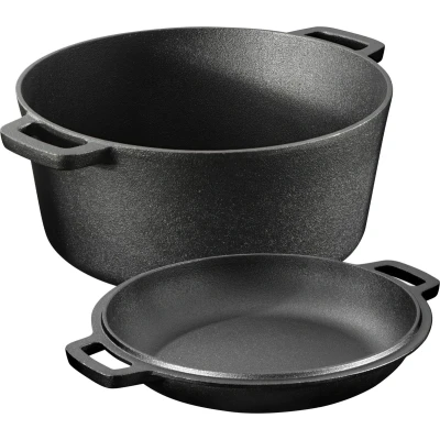 Afbeelding van Navaris Dutch Oven gietijzeren pan met deksel 4,7 liter 32 x 26 16 cm Voor alle fornuizen Pre seasoned bakken en braden Zwart