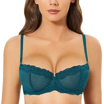 Afbeelding van DOBREVA Vrouwen Sexy Kant Ongevoerd Onderdraad Balconette See Through Sheer Bra, sparren groen, 110C