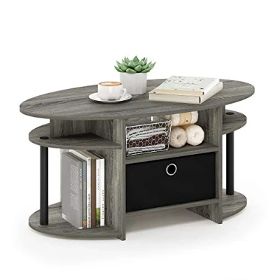 Afbeelding van Furinno JAYA Ovale salontafel in eenvoudig design met vuilnisbak, Frans eiken/zwart/zwart