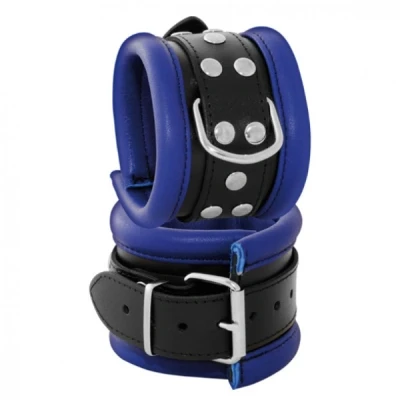 Afbeelding van Leren enkelboeien 6.5 cm breed gevoerd zwart/blauw