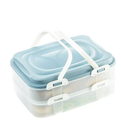 Afbeelding van Transportdoos voor taarten, cupcakes, muffins, feesten, voedseltransportcontainers, maat XL, met 2 etages en inklapbare handgrepen, kleur: blauw