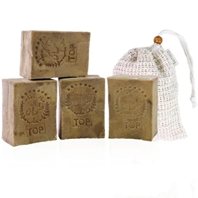 Afbeelding van TUMELO Originele Aleppo zeep, 4 x 200 g (800 g), 70% olijfolie, 30% laurierbessenolie + Salvon zak, natuurlijke vaste zeep voor het haar, douchezeep