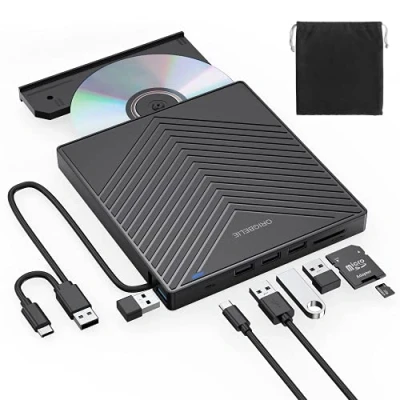 Afbeelding van ORIGBELIE External CD DVD Drive, Ultra Slim Burner USB 3.0 met 4 poorten en 2 TF/SD kaartsleuven, Optical Disk Drive voor Laptop Mac, PC Windows 11/10/8/7 Linux OS