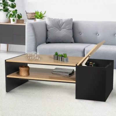 Afbeelding van Table basse bar contemporaine IZIA avec coffre noir et bois