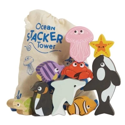 Afbeelding van Le Toy van PL139 Educatief spel zeedieren om te stapelen, voor kinderen vanaf 18 maanden, evenwichtsactiviteit, 9 dieren en tas, gemaakt FSC hout, ecologisch spel, plasticvrij, Petilou