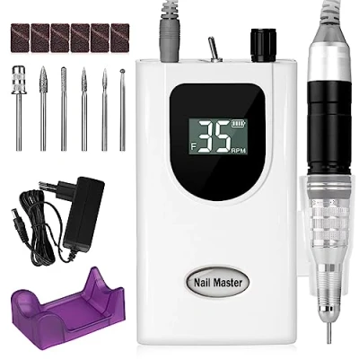 Afbeelding van AZ GOGO Professionele elektrische nagelschuurmachine, 35.000 omw/min, draagbaar en oplaadbaar, nagelvijl met 6 opzetstukken lcd display, nagelschuurmachine voor manicure pedicure