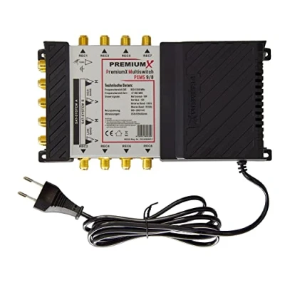 Afbeelding van PremiumX PXMS Multiswitch 9/8 met voeding, 2 satellietposities op 8 uitgangen, compatibel Digital HDTV FullHD 4K UHD 8K