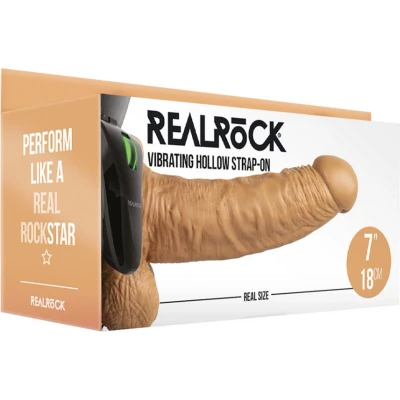 Afbeelding van Shots RealRock Vibrerende Holle Strap On met Ballen 18 cm tan