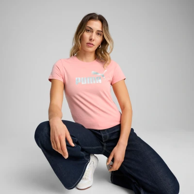 Afbeelding van ESS METALLIC No. 1 Logo T shirt voor Dames, Roze/Zilver, Maat M PUMA