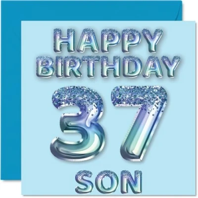 Afbeelding van Verjaardagskaart voor zoon, 37 jaar, blauwe glitterballonnen, verjaardagskaarten jarige zoon van mama en papa, 145 mm x