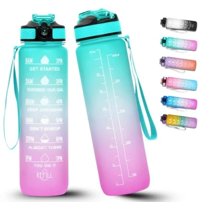 Afbeelding van Sportfles, 600 ml, BPA vrij, lekvrij, met tijdmarkering voor fitness, lichtgroen, 1000 ml