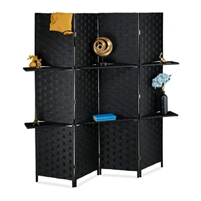 Afbeelding van Relaxdays Paravent, 4 delig, 2 planken, opvouwbaar, ruimteverdeler, 180 x cm, binnen, vrijstaande wand, zwart