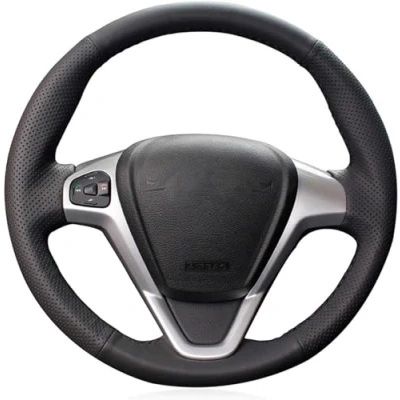 Afbeelding van Shining wheat Glanzende zwarte lederen autostuurhoes voor Ford Fiesta 2008 2013 Ecosport 2016
