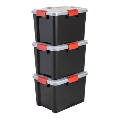 Afbeelding van Iris Ohyama, Opbergdoos, luchtdicht, 20 l, 3 stuks, zwart, deksel met waterdichte afdichting, 4 sluitclips, stapelbaar, voor buiten, garage, kleding, stofdicht, BPA vrij, DDAT SD