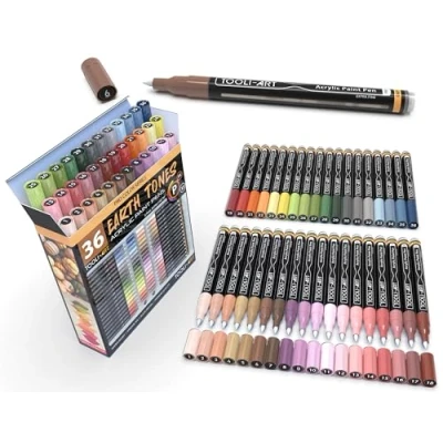 Afbeelding van 36 extra dunne 0,7 mm acrylverfstiften en natuurlijke aarden verfstiften voor rotsschilderingen, canvas, glas, hout, keramiek, stof. Niet giftig