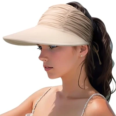 Afbeelding van DRESHOW Vrouwen Zonneklep Hoed Brede Rand Verstelbare Opvouwbare Paardenstaart Strand Zomer UV Bescherming Outdoor Cap UPF 50+, 1 x vizierhoed: 96A kaki, Eén maat