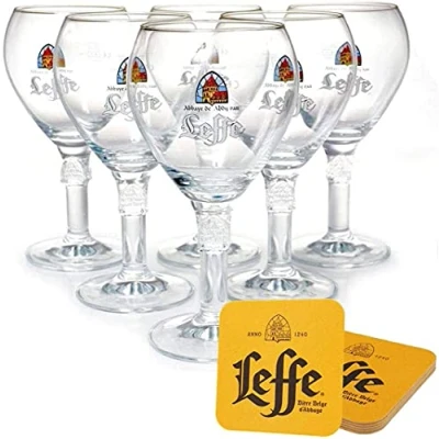 Afbeelding van Leffe 6 x 0,25 l bierglazen met originele onderzetters (onderzetters) glazen van voor catering en collectie bierglas 25 cl vaatwasmachinebestendig
