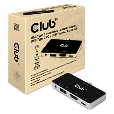 Afbeelding van Club 3D USB TYPE C 3.1 GEN 1 TO HDMI 2.0b + 2.0 A CHARGE UP 100W COMBO AUDIO JACK FEMALE