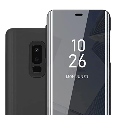 Afbeelding van Cadorabo Hoesje geschikt voor Samsung Galaxy S9 PLUS in TOERMALIJN ZWART Clear View Spiegel Beschermende Case met Tribunefunctie 360 Graden Bescherming Book Cover Etui